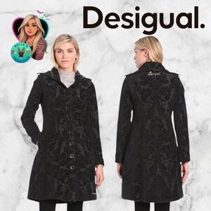 Desigual Black Damask Brocade Longline Coat Audry Kytzia Womens XS 36 EU Luxury